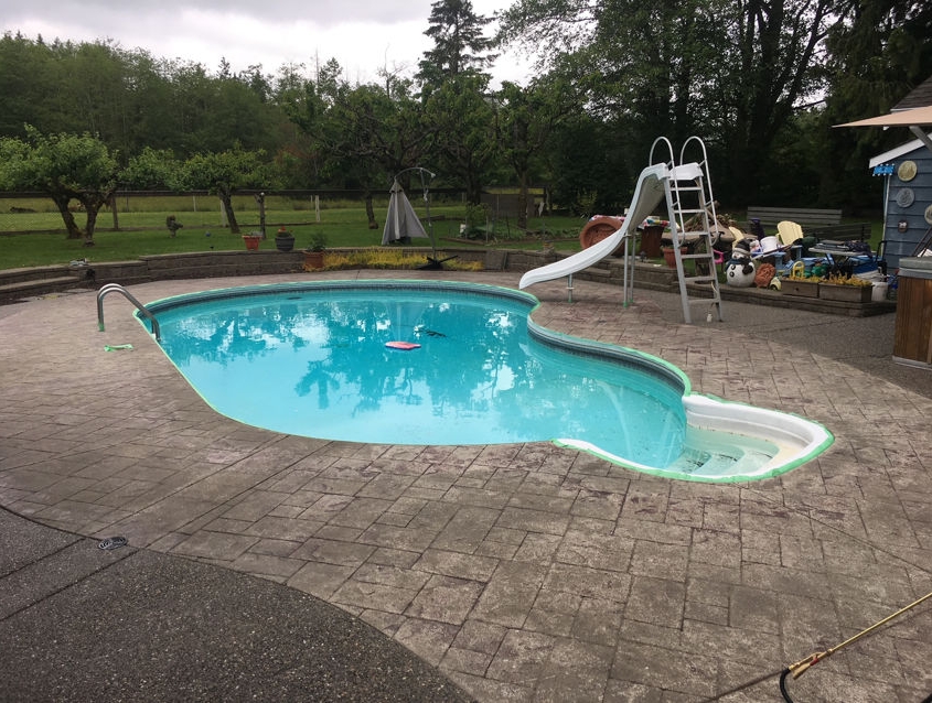 08 Before A kidney-shaped backyard swimming pool with a curved slide and metal handrail, surrounded by stamped concrete recently enhanced through residential concrete repair, lush green grass, and trees in the background. Pool toys float in the water.