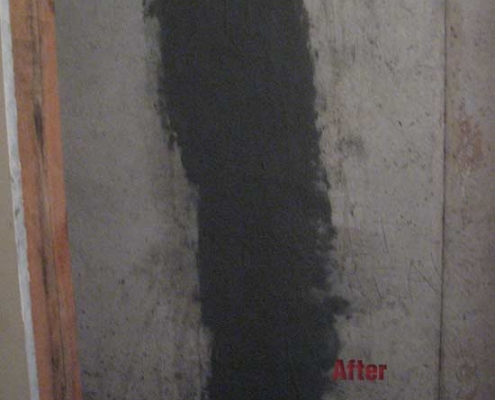 A concrete wall displays a vertical dark patch of polyurethane grout injection or waterproofing down the middle. The word "After" appears in red text at the bottom right of the patch.
