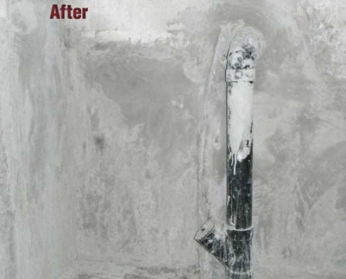 A black pipe covered in white plaster protrudes from a rough, grey, unfinished concrete wall—evidence of recent polyurethane grout injection work. The word "After" appears in red text at the top left corner.