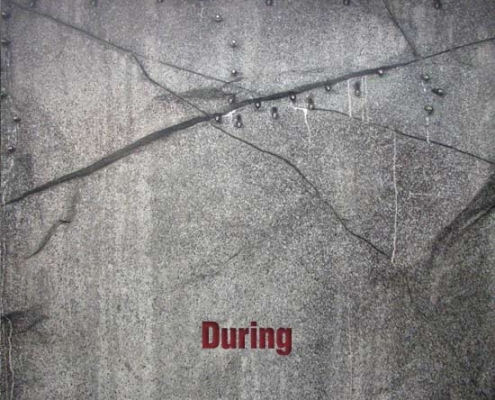 A concrete wall with visible large cracks and water droplets seeping through, hinting at the need for polyurethane grout injection, with the word "During" written in red letters at the center.