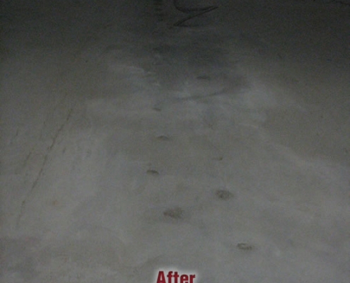A dimly lit concrete surface, recently repaired with polyurethane grout injection, shows faint footprints leading away and the word "After" in red text at the bottom center.