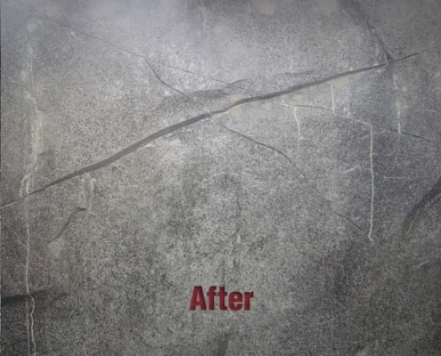 A gray, cracked concrete wall with the word "After" in red text at the bottom center. The surface appears clean and smooth despite visible cracks, a result often achieved with polyurethane grout injection.