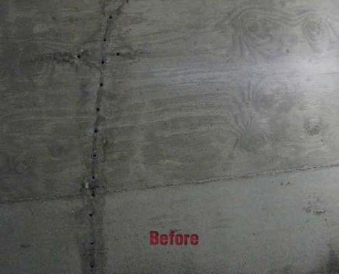 A concrete wall with a visible vertical crack repaired using polyurethane grout injection and a line of screws; the word "Before" in red text appears near the bottom center.