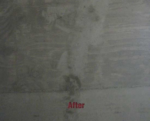 A concrete wall with a faint vertical line, likely treated with polyurethane grout injection, and the word "After" written in red text at the bottom center. The wall appears slightly textured and grey.