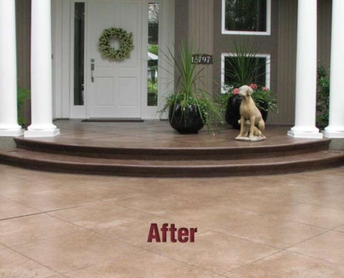 stamped concrete porch after sealing dog statue