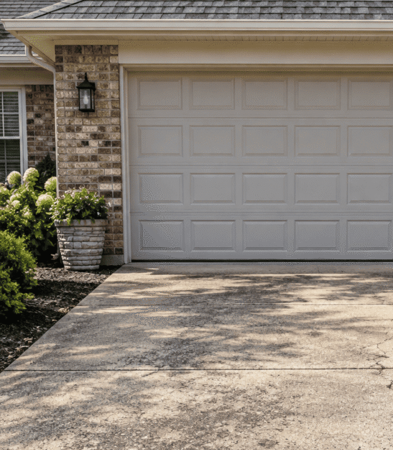 A concrete driveway with visible cracks, showing clear signs it may be time to repair concrete, leads to a closed double garage door on a brick house. There are green bushes and a potted plant on either side near the garage entrance.