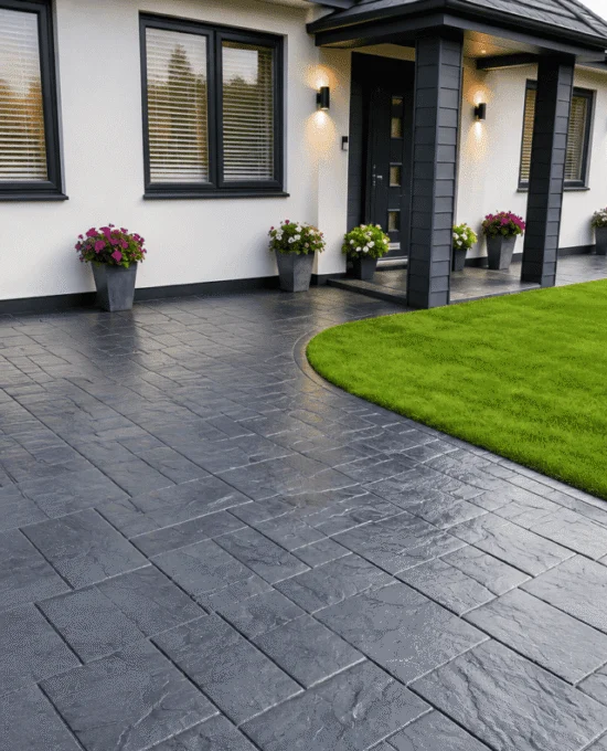 A house with a dark gray paved patio made of large rectangular stones, bordering a green lawn.